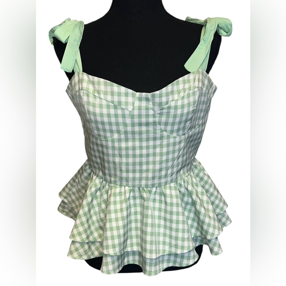 Tea & Cup Women’s Shoulder Tie Peplum Top Summer Green White Ruffled Size Large
